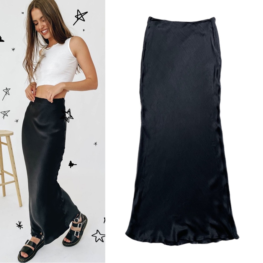 Verge Girl Au Revoir Textured Bias Cut Black Satin Maxi Skirt S